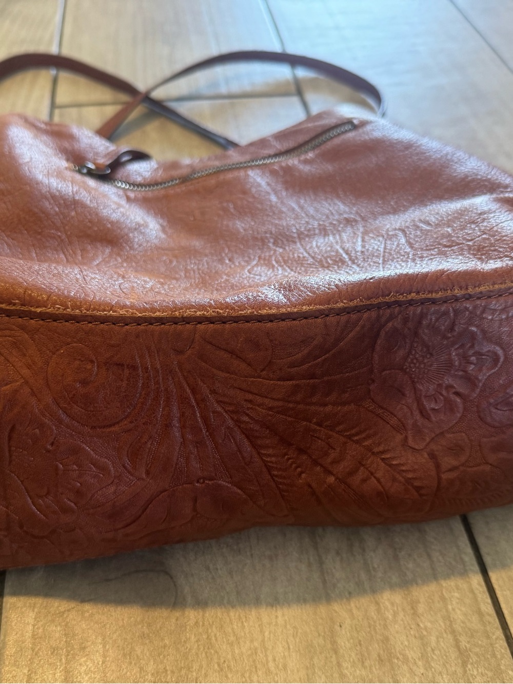 AMERICAN LEATHER CO Brandy Tooled Lenox Triple Entry Leather Tote Shoulder Bag - Picture 10 of 15